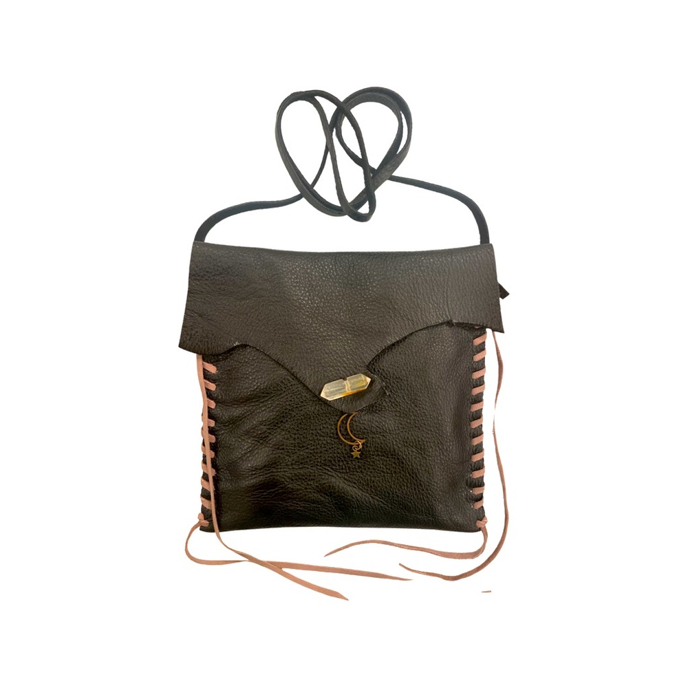 Boho Bespoke Leather Handmade Black Moon & Stars Crossbody Handbag with Quartz